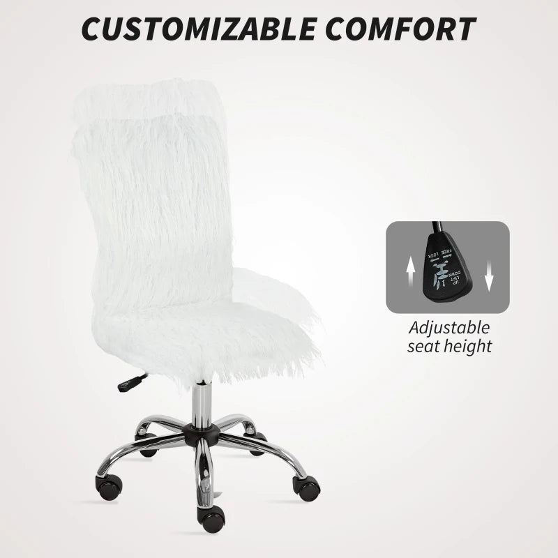 Modern White Plush Office Desk Chair - Armless Swivel Vanity Chair with Adjustable Height for Home, Bedroom & Living Room