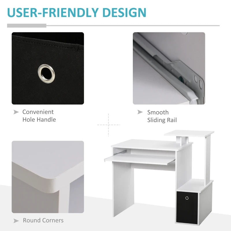 Modern White Computer Desk with Sliding Keyboard Tray, Storage Drawer & Shelf - Ideal Home Office Workstation