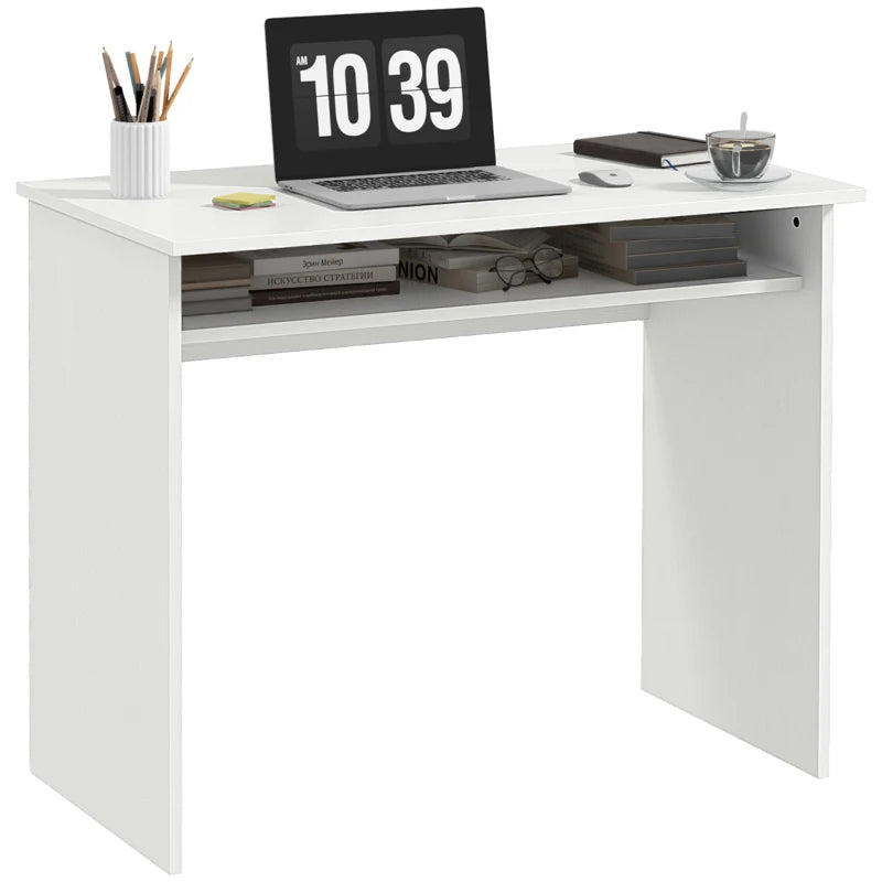 Modern White Wood Grain Computer Desk - Small Home Office Writing Table with Storage Shelf, 90 x 50cm