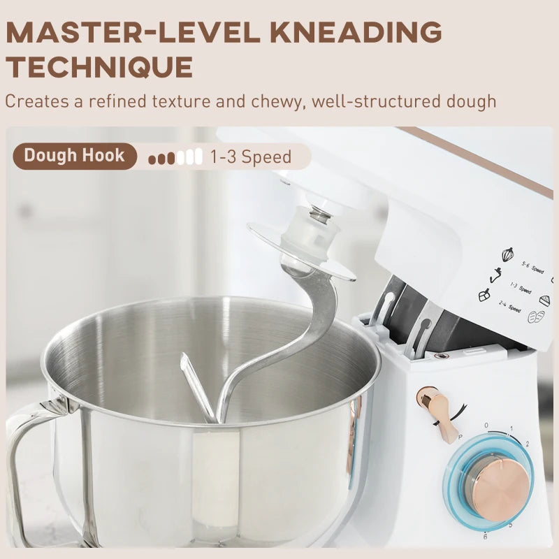 5L Stand Mixer for Baking - 1400W Electric Kitchen Mixer with 6 Speeds, Dough Hook, Whisk & Stainless Steel Bowl - White