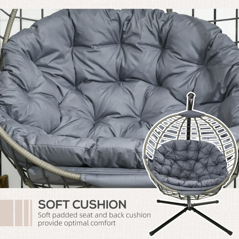 Grey Rattan Swing Chair with Metal Stand and Padded Cushion