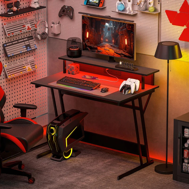 Two-Level LED Gaming Desk - Black | Modern Ergonomic Design with RGB Lighting for Ultimate Gaming Experience