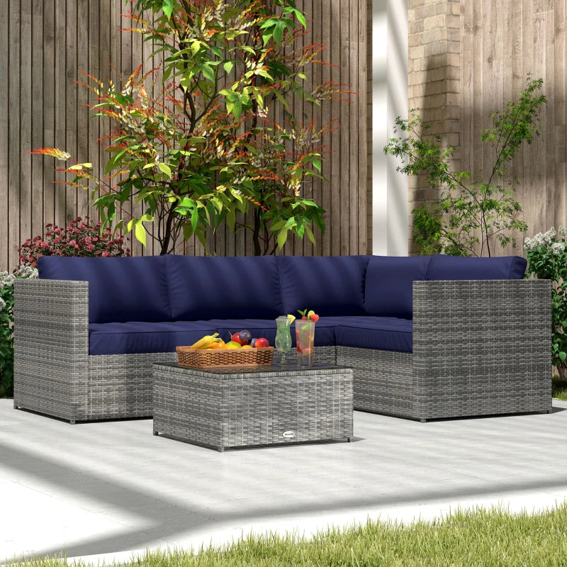 3 Piece Rattan Garden Furniture Set with Thick Cushions and Glass Top Coffee Table
