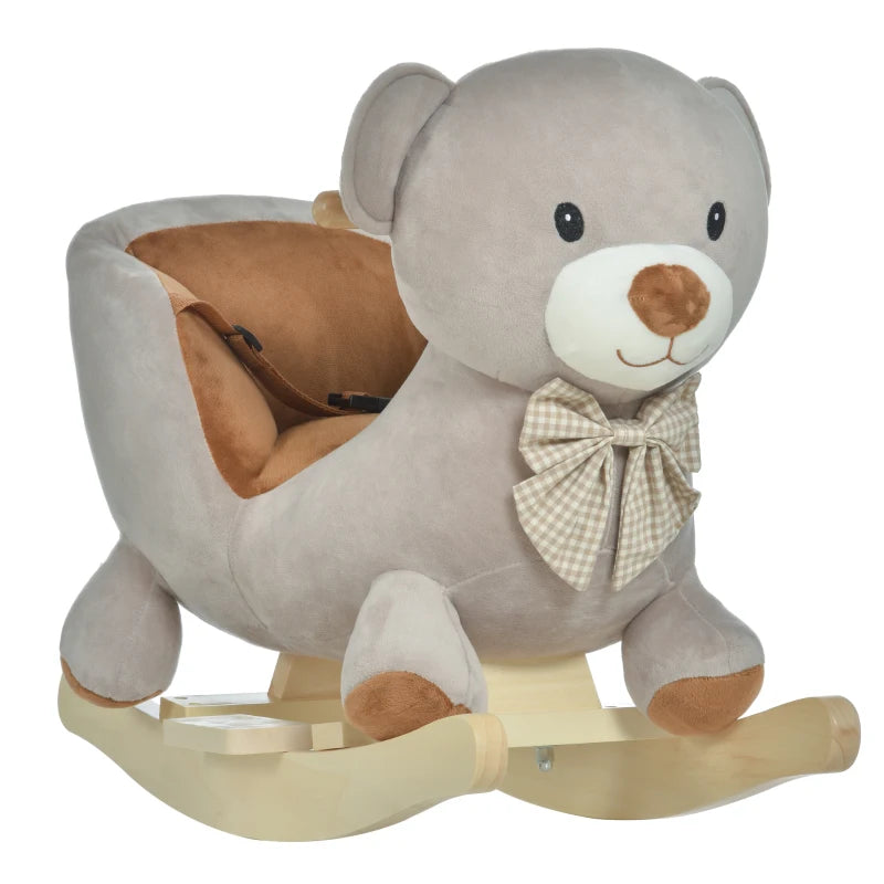 Kids Plush Rocking Horse Ride-On Bear Toy with Sound & Safety Belt - Wooden Base for Toddlers 18-36 Months - Grey
