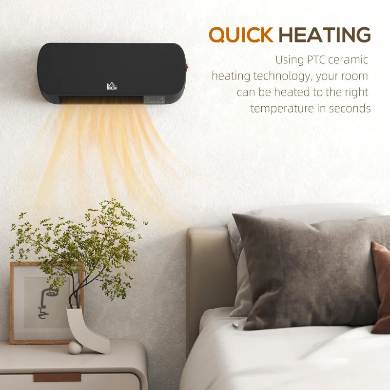 2000W Wall Mounted Ceramic Space Heater Adjustable Temperature Range 10-49°C Black Finish