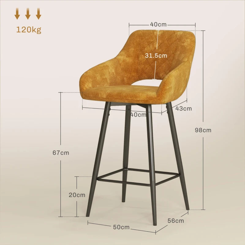 Set of 2 Brown Velvet-Feel Bar Stools - Stylish Modern Seating for Kitchen Island or Home Bar
