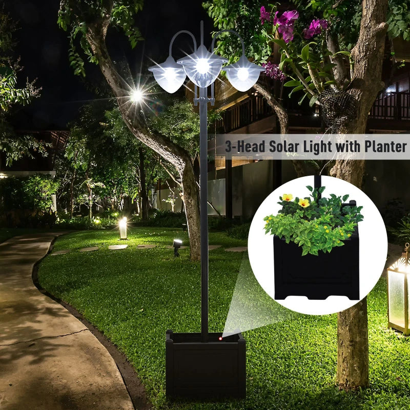 189cm 3-Head Solar Lamp Post with Planter Automatic On 6 Hour Max Outdoor LED Street Light Black