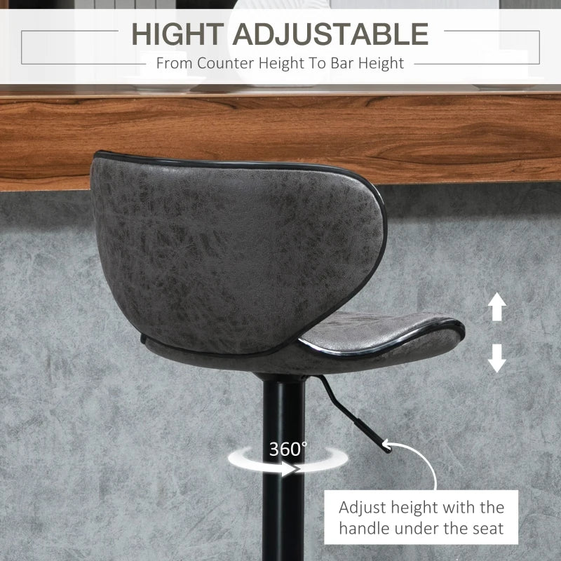 Set of 2 Adjustable Height Kitchen Stools - Leather Upholstered Dark Grey Bar Stools with Back (61-81cm)