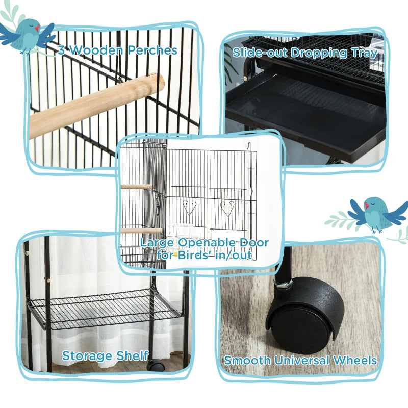 Bird Cage for Budgies Finches and Parakeets with Stand Wheels and Slide-out Tray Storage Shelf Black