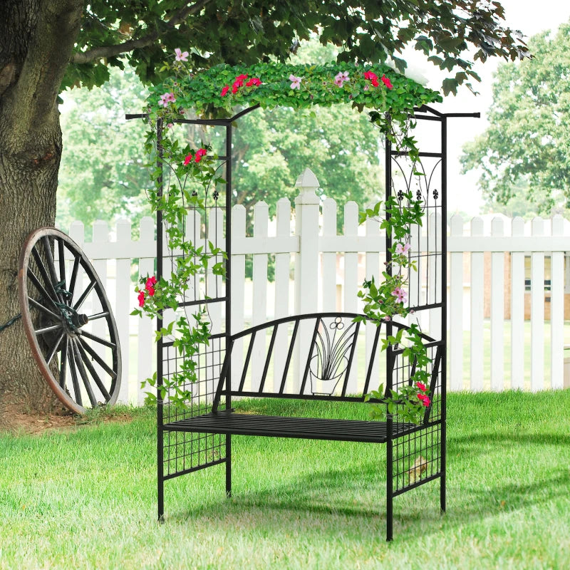 Black Steel Garden Arch with 2-Seater Bench for Flower Climbing