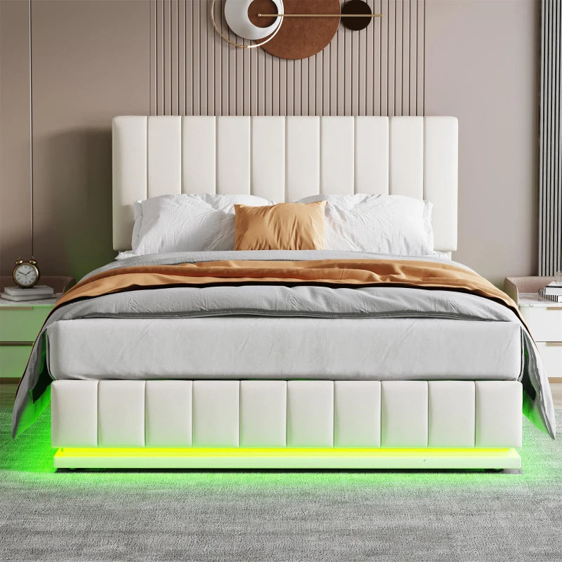 5ft Upholstered King Bed with Hydraulic Storage & RGB LED Lighting - Adjustable Headboard, Cream White, 203L x 157W x 111H cm
