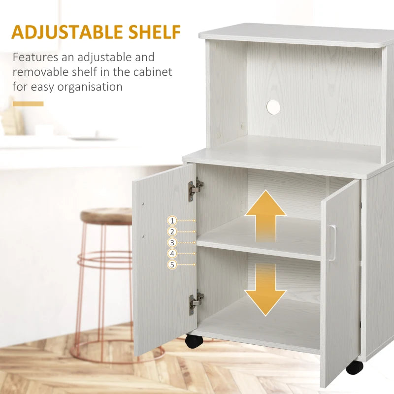 Modern Kitchen Storage Unit - Microwave Stand Trolley Cart with Locking Wheels, Sideboard & Shelf for Living Room/Dining Room - White