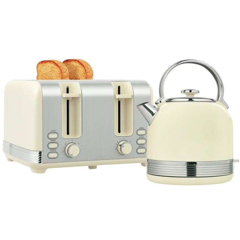 Polished Stainless Steel Cream Kettle and Toaster Set - Stylish Kitchen Appliances for Modern Homes
