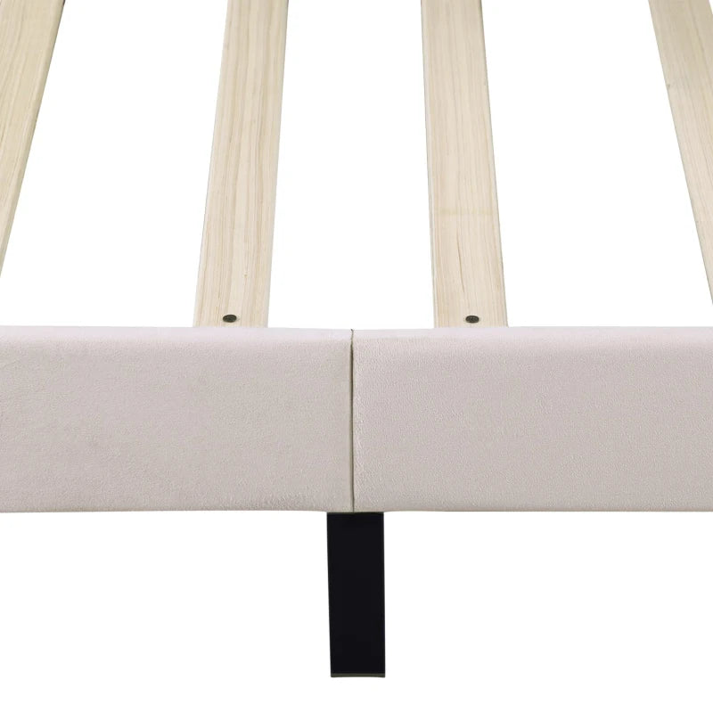 Double Upholstered Velvet Bedstead with Button-Tufted Headboard - Noise-Free, Solid Wood Slats, Beige, 193L x 141W x 110H cm