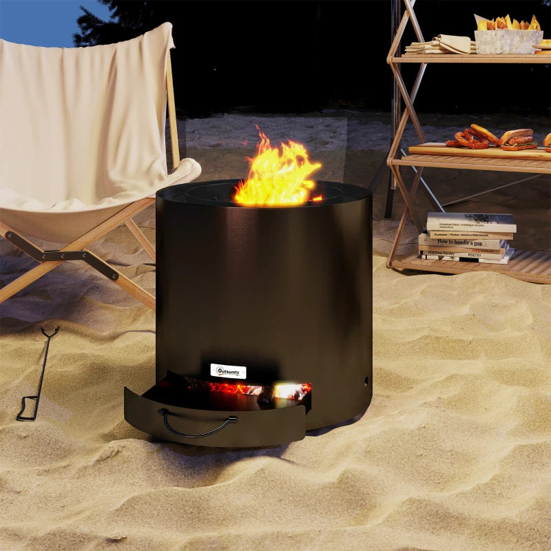 Black Metal Wood-Burning Fire Pit with Poker - Outdoor Patio Fire Bowl