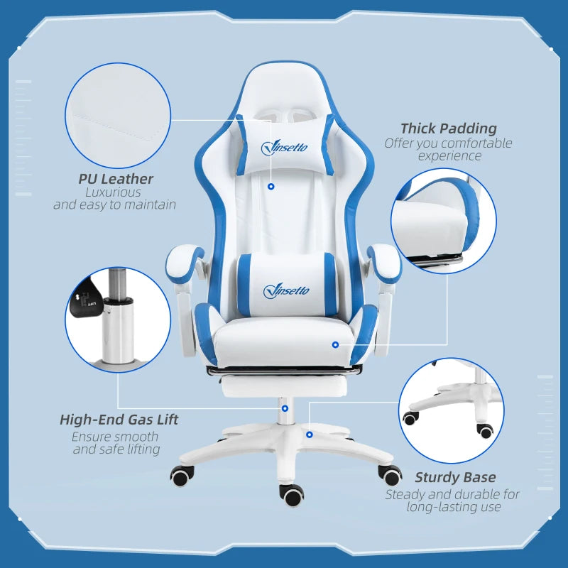 Vinsetto White and Blue Gaming Chair - PU Leather Office Desk Chair with Footrest, 135° Recline, Lumbar Support & Headrest