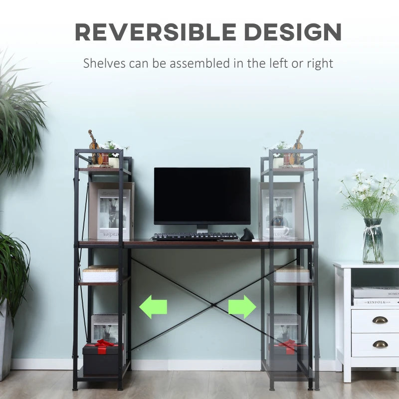 Industrial Reversible Computer Desk with Storage Shelves - Home Office Writing Desk, Easy Assembly, Walnut & Black, 120x64x121cm