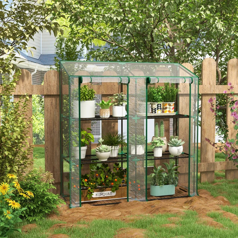 Compact Green Lean-To Greenhouse with 3 Shelves