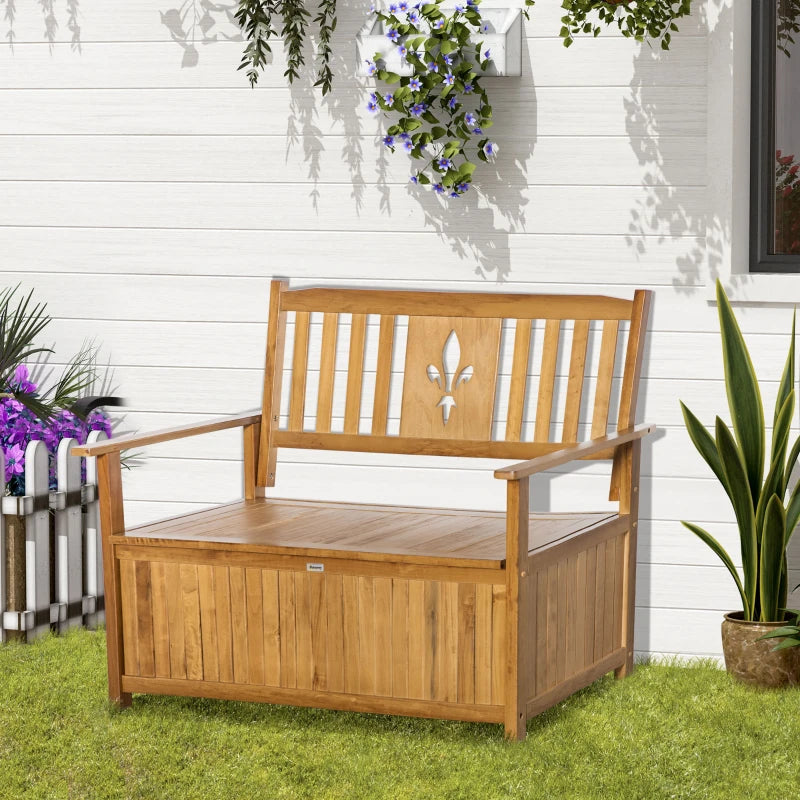 Natural Wooden Garden Storage Bench with Flower Pattern, 2 Seater, 164L