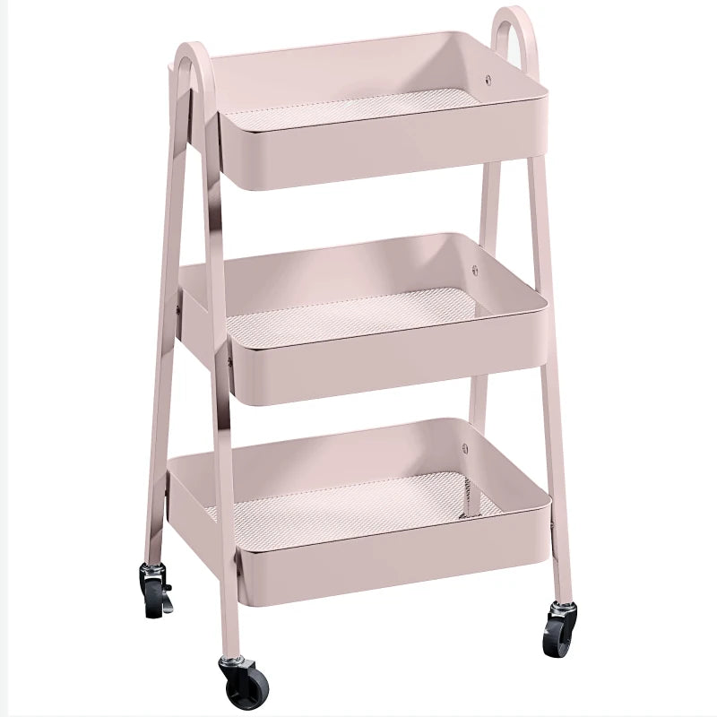 Pink Three-Tier Storage Trolley - Stylish Rolling Cart for Organizing Home, Office, or Kitchen - Versatile and Functional Design