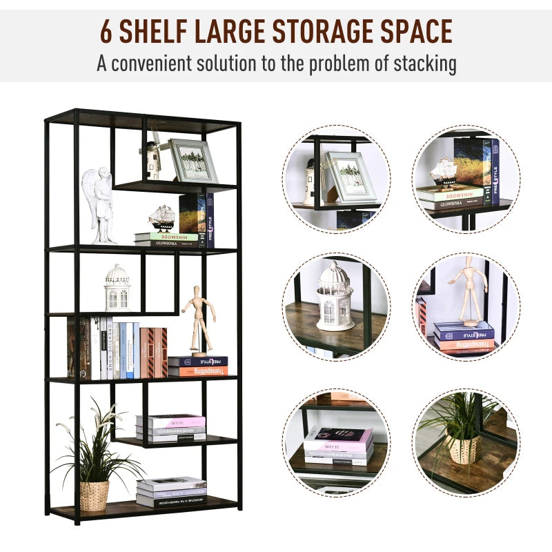 Industrial 6-Tier Bookcase - Tall Steel Frame Shelf Unit for Home Office, Living Room, Rustic Brown & Black, 82x33.5x175 cm