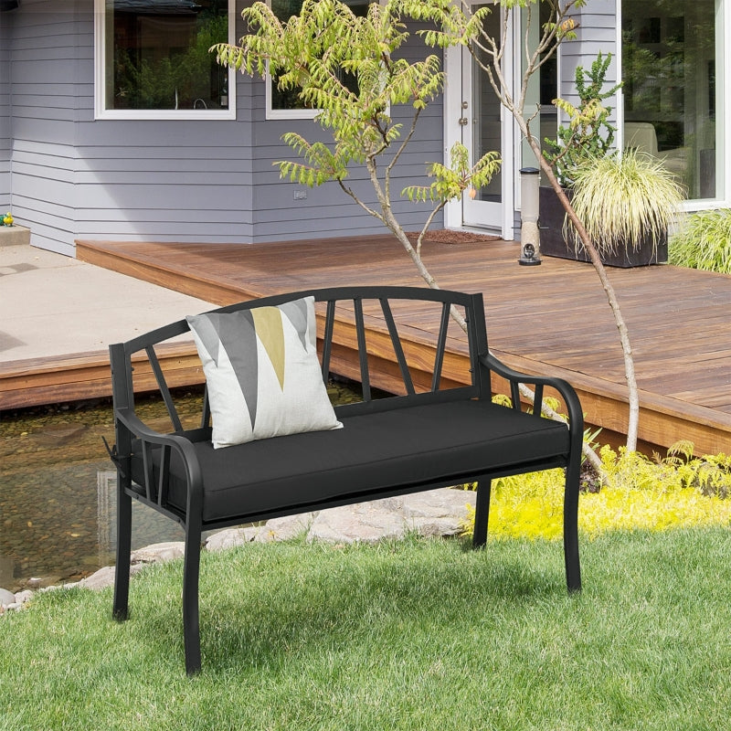 2-Seater Black Metal Garden Bench with Cushion - Slatted Outdoor Loveseat Chair with Decorative Backrest and Armrests