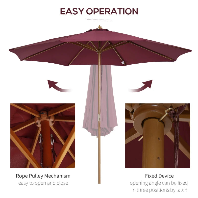 Wine Red 3m Wooden Patio Umbrella with Pulley Mechanism