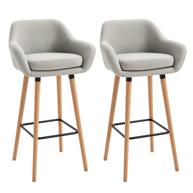 Set of 2 Modern Upholstered Bar Stools with Metal Frame & Solid Wood Legs - Beige Fabric Dining Chairs