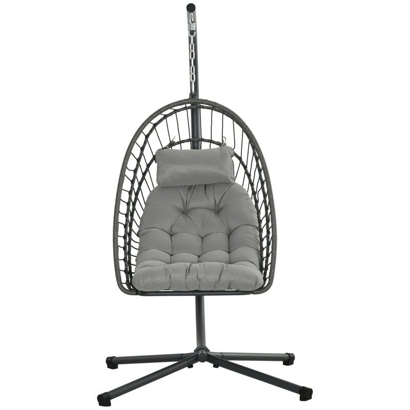 Light Grey Rattan Swing Chair with Cushion and Metal Stand