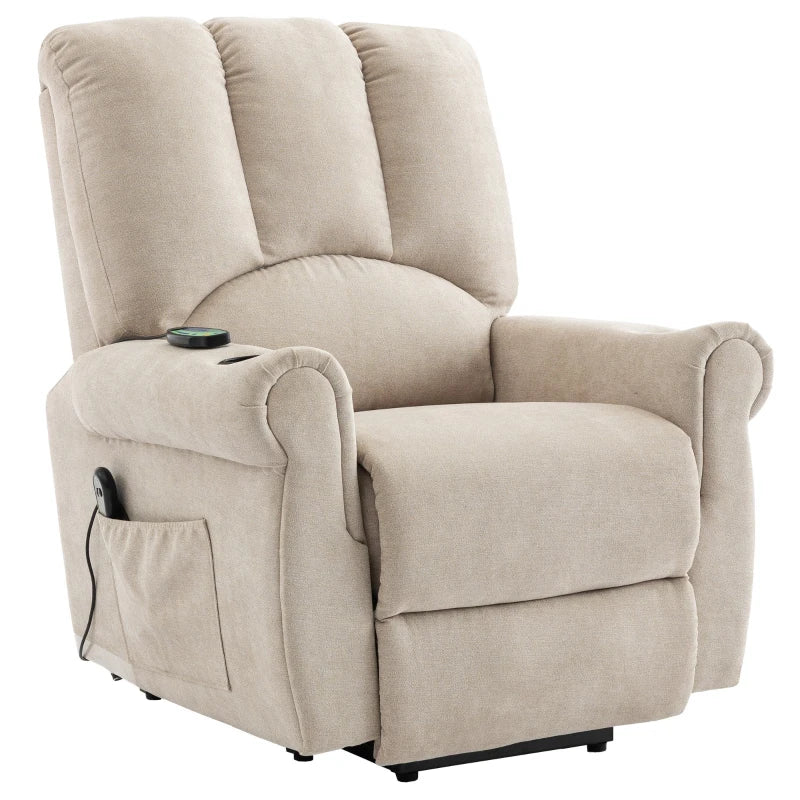 Electric Power Lift Massage Chair with Heating, Side Pockets, Stand Assist, Cup Holders, Recliner for Elderly, Beige