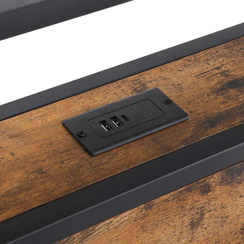 Unique Black Metal Bed with LED Light Strip, USB Ports & Drawer - Modern Bedroom Furniture, 207.5x90.5x105 cm, Dark Walnut Accent