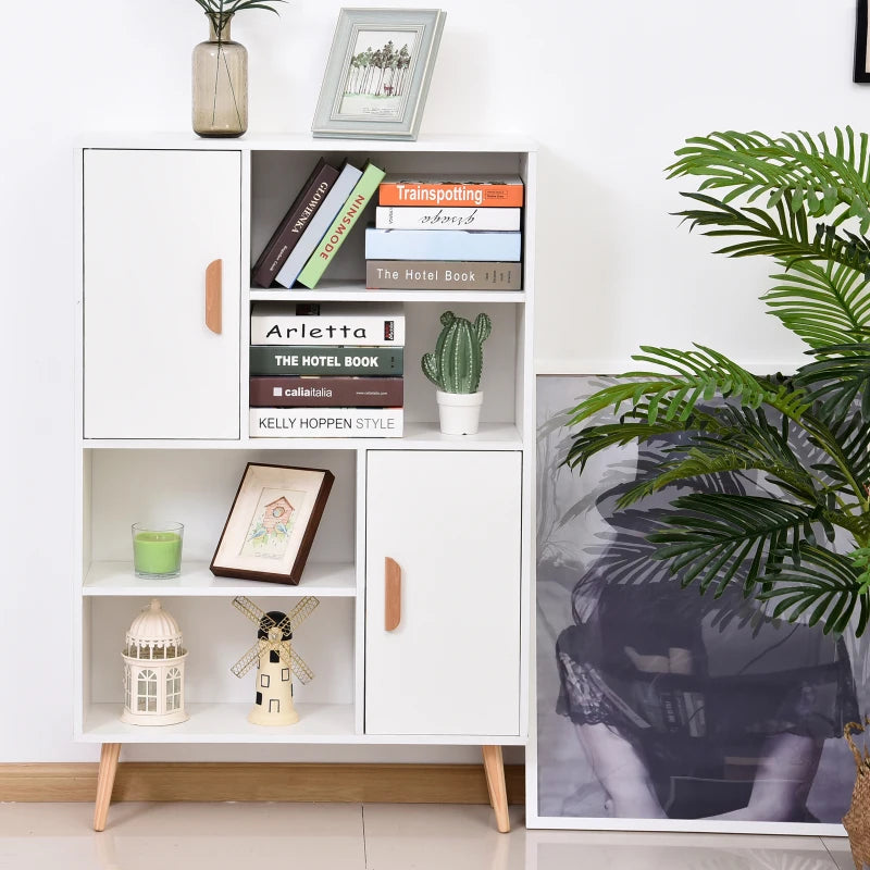 Modern White Sideboard Bookshelf - Free Standing Bookcase with Adjustable Shelves, Wooden Legs & Two Doors for Stylish Storage