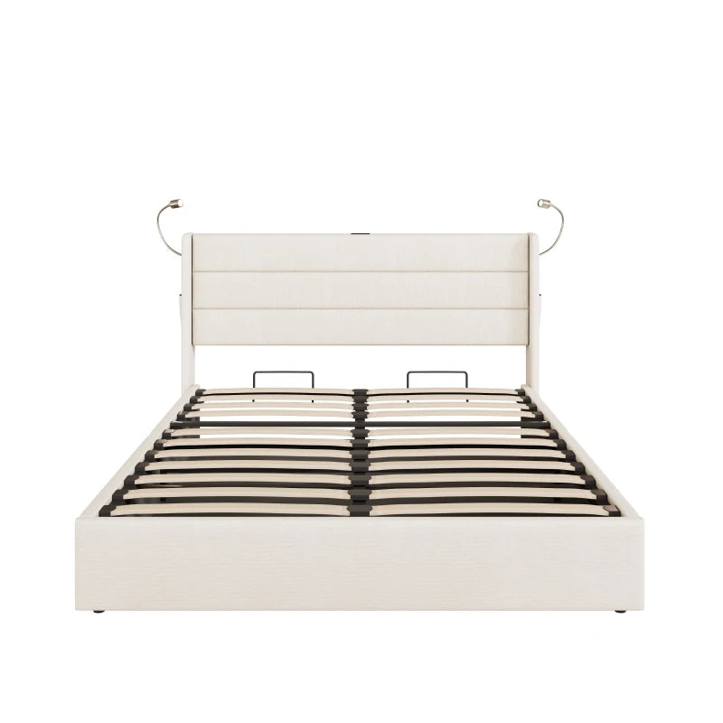 King Upholstered Bed with Hydraulic Storage & LED Reading Light - Beige, 208L x 158W x 113H cm, Stylish Headboard