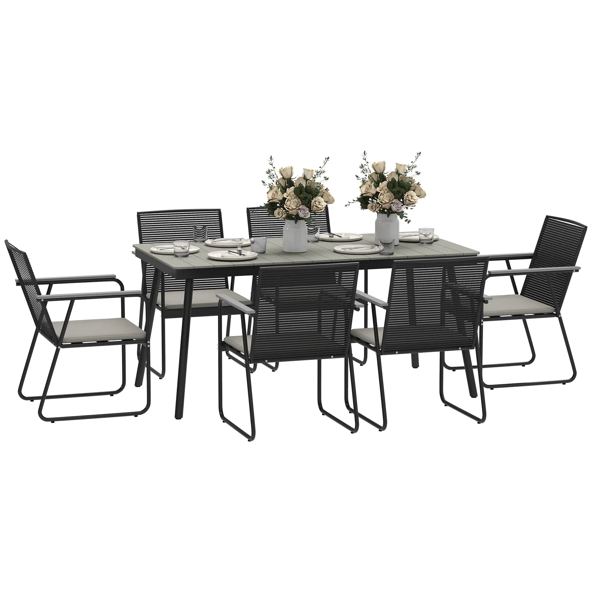 Grey 6 Seater Rattan Garden Dining Set with Cushions – Outdoor Patio Furniture with Rectangular Table