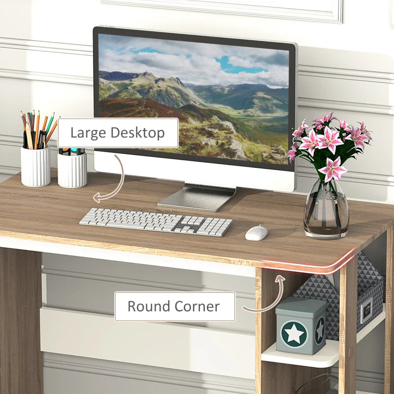 Modern Oak & White Computer Desk with 3-Tier Storage Shelf - Stylish Writing Desk for Home Office & Study