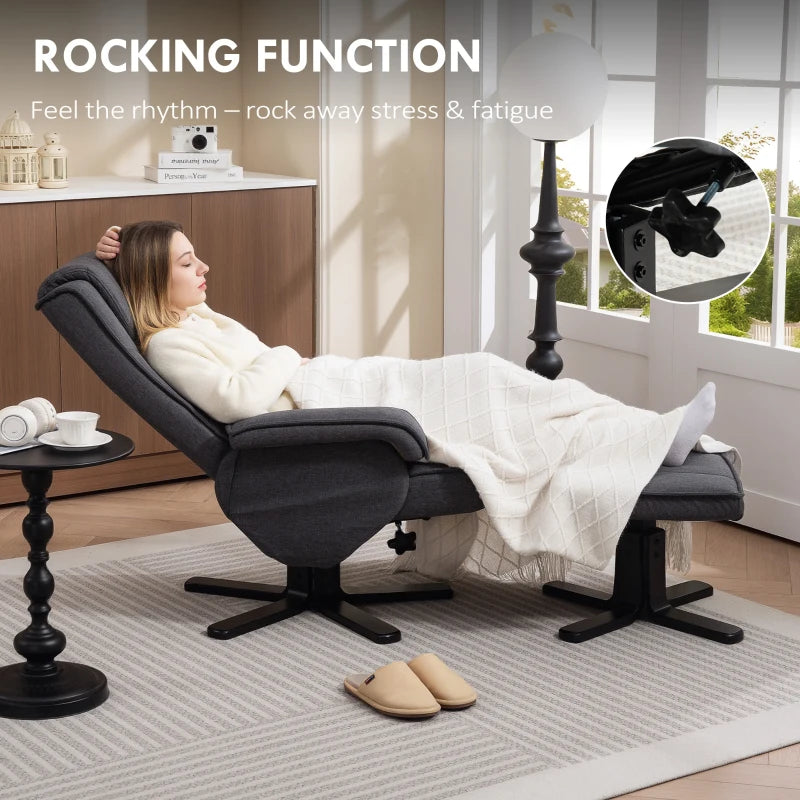 Charcoal Grey Linen Rocker Swivel Recliner Chair with Footstool for Ultimate Comfort