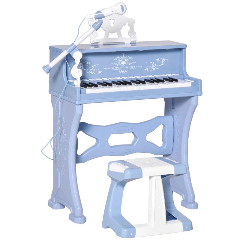 Kids Mini Electronic Piano Keyboard Set - Educational Musical Instrument with Stool, Microphone & Music Stand - Blue Grand Piano Toy