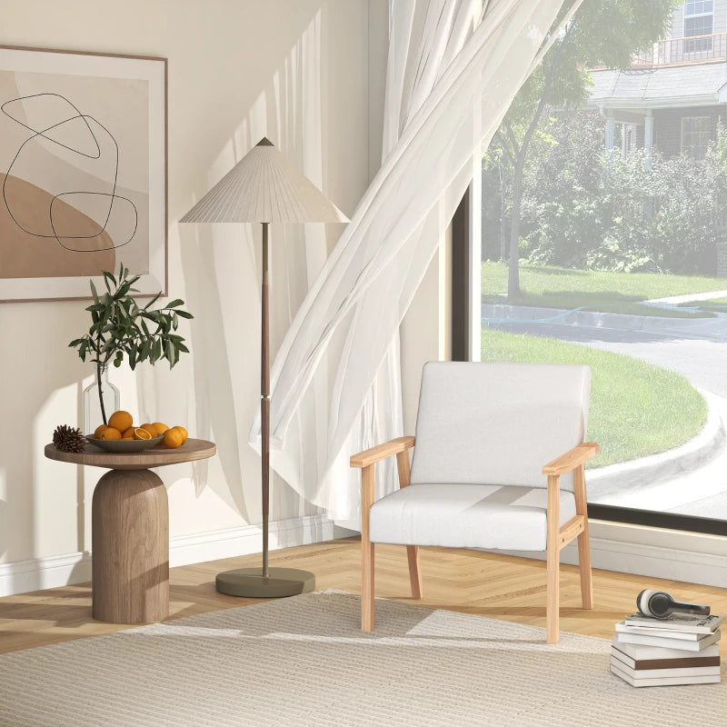 Stylish Cream White Accent Chair with Thick Linen Cushions and Wooden Frame for Home and Office