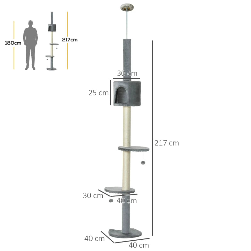 Light Grey Floor to Ceiling Cat Tree - Multi-Layer Condo & Activity Center for Indoor Cats with Scratching Post & Hanging Balls
