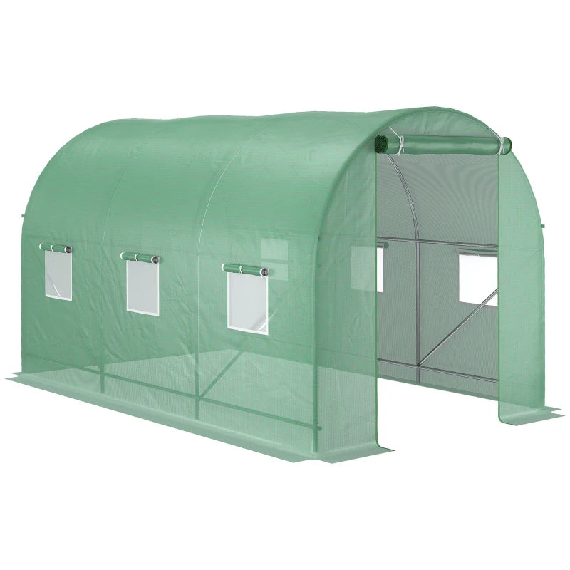 Green Walk-In Polytunnel Greenhouse, Steel Frame, PE Cover, Roll-Up Door, 6 Windows