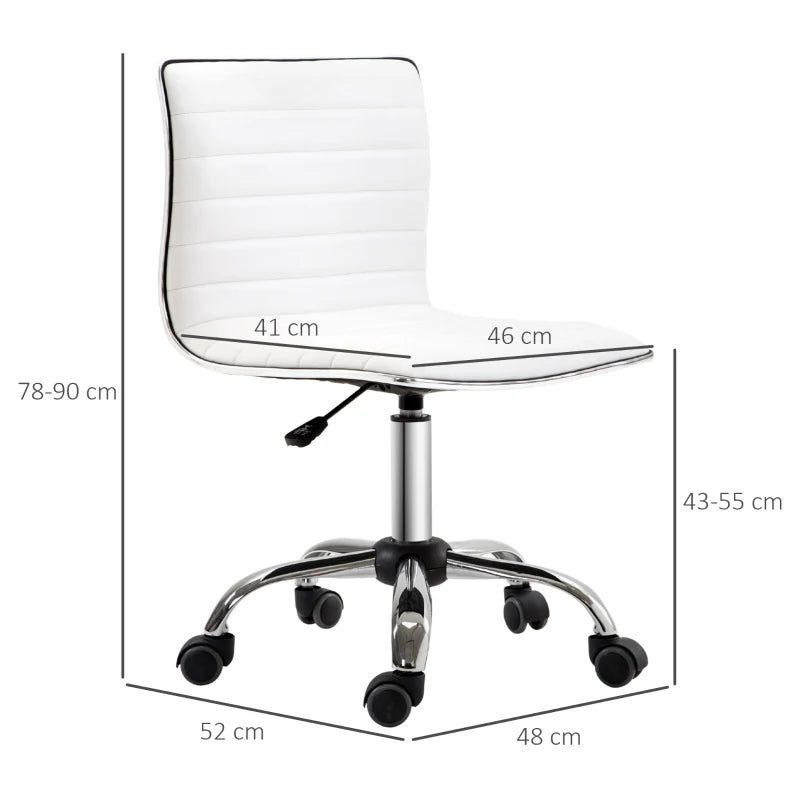 Adjustable Swivel Office Chair - Armless Mid-Back Design in White PU Leather with Chrome Base for Modern Workspaces