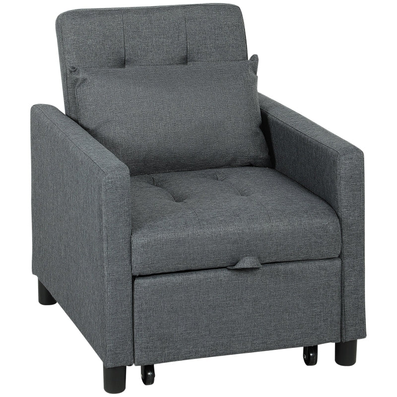 Convertible 3-in-1 Chair Bed with Adjustable Backrest, Pillow and Footrest for Living Room in Dark Grey