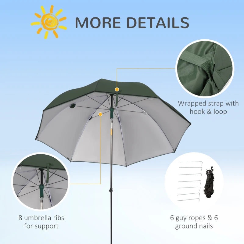 Green 2m Beach Fishing Umbrella with Sides and Tilt Sun Shade