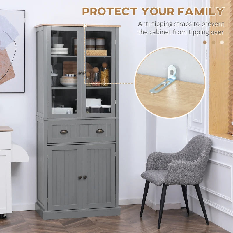 180cm Tall Freestanding Kitchen Pantry Cupboard - 5 Tier Storage Cabinet with Adjustable Shelves & Drawer in Grey