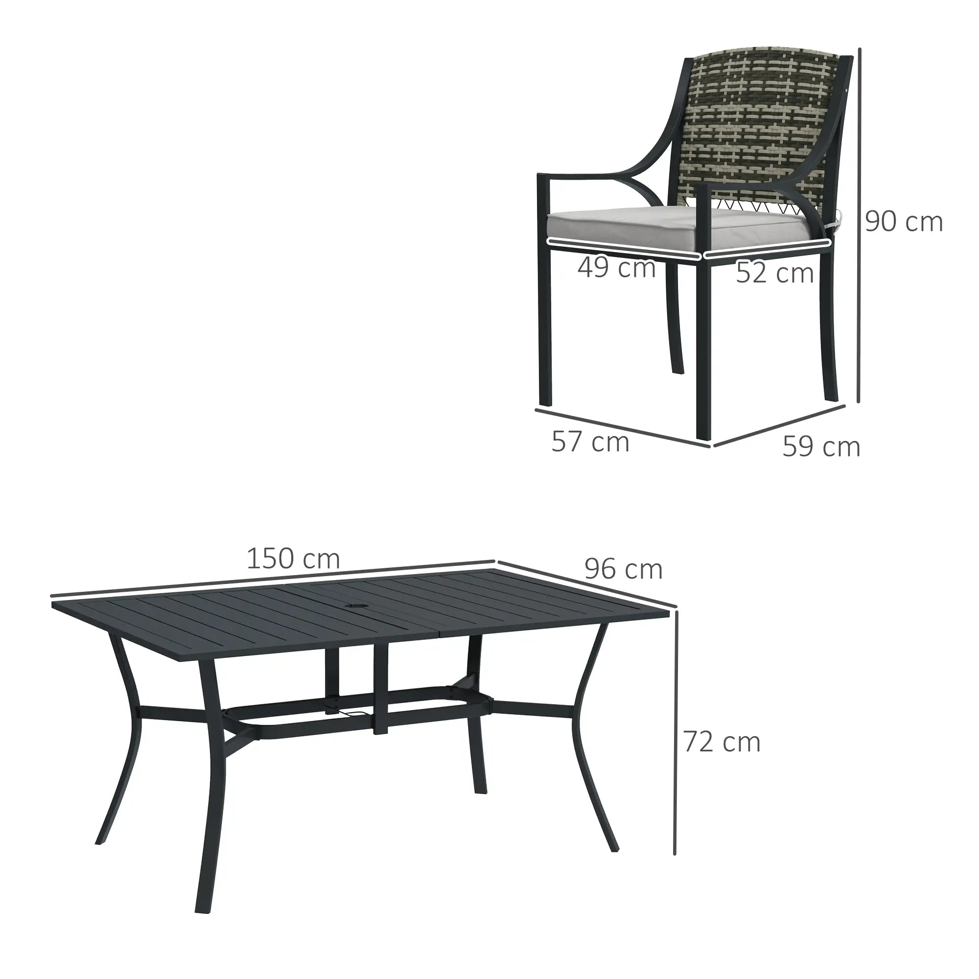 6 Seater Rattan Dining Set with 6 Armchairs, 150 x 96cm Rectangular Table, Umbrella Hole