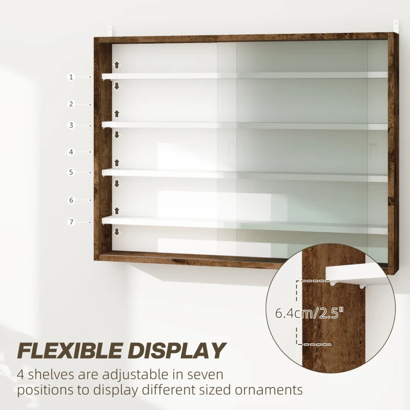 Rustic 5-Tier Wall Display Shelf Unit with 4 Adjustable Glass Doors - 60x80cm Home Office Ornaments Storage