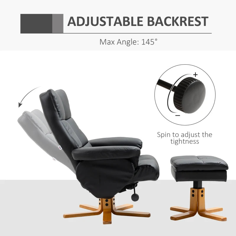 Swivel Reclining Armchair with Ottoman, Faux Leather Chair with Wooden Base and Storage Footstool for Living Room, Black