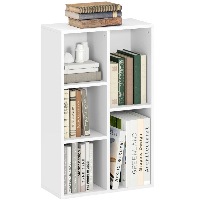 Modern 2-Tier White Bookshelf with 5 Spacious Compartments - Stylish Storage Solution for Home or Office