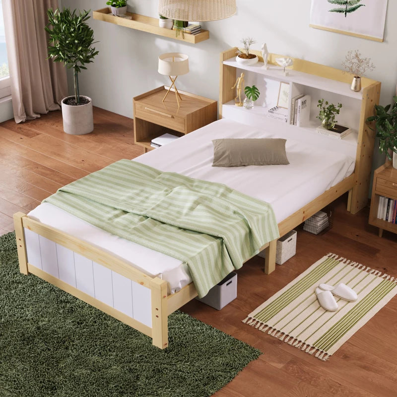 Solid Wooden Single Bed Frame with Storage Headboard - 3FT (90x190 cm), No Box Spring Required, Durable White Design