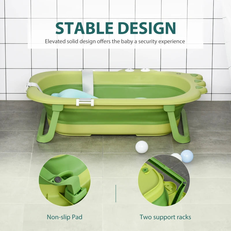 Ergonomic Foldable Baby Bath Tub for Toddlers & Infants 0-3 Years - Non-Slip Portable Design with Baby Cushion - Green